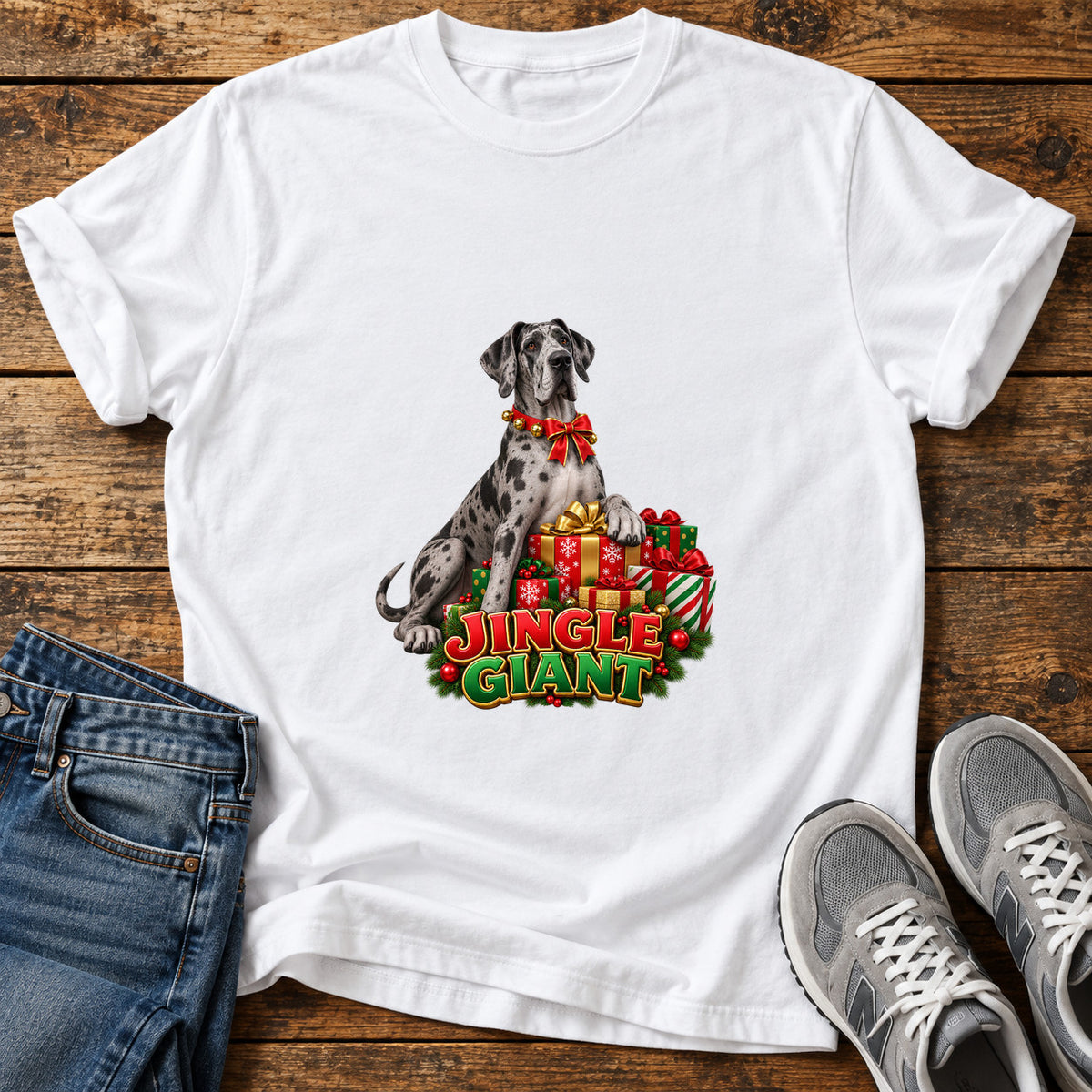 Jingle Giant Great Dane graphic T-shirt in White, shown on a flat-lay shirt mockup