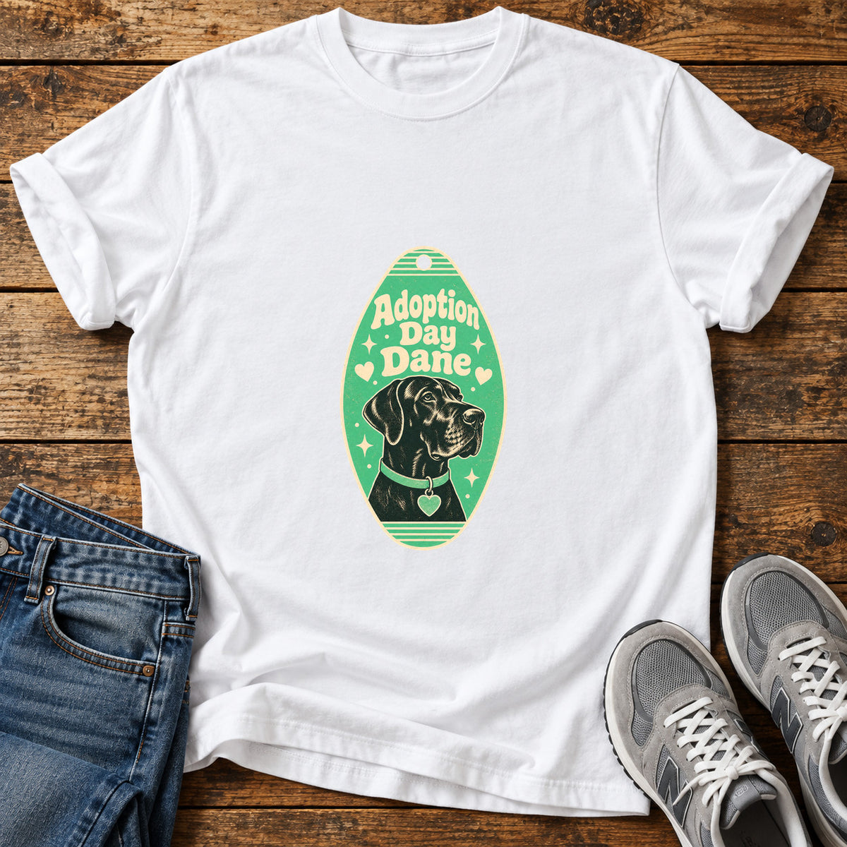 Adoption Day Dane Great Dane graphic T-shirt in White, shown on a flat-lay shirt mockup
