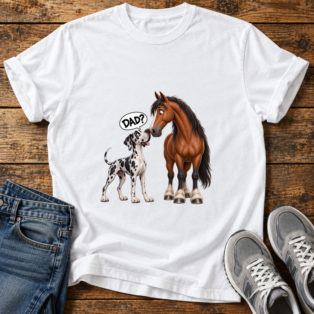 Dad Question Great Dane graphic T-shirt in White, shown on a flat-lay shirt mockup