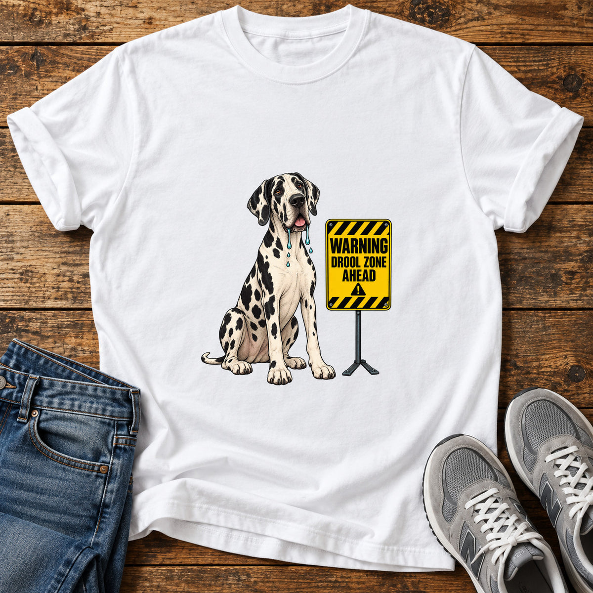 Drool Zone Warning Great Dane graphic T-shirt in White, shown on a flat-lay shirt mockup