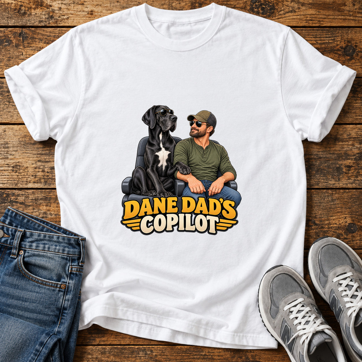 Dane Copilot Great Dane graphic T-shirt in White, shown on a flat-lay shirt mockup