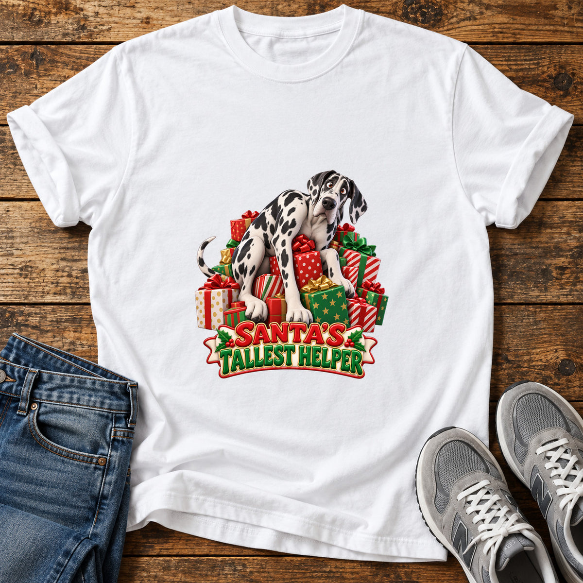 Santa's Tallest Helper Great Dane graphic T-shirt in White, shown on a flat-lay shirt mockup
