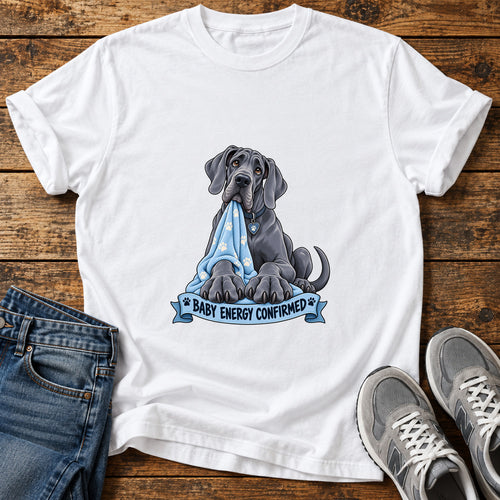 Baby Energy Great Dane graphic T-shirt in White, shown on a flat-lay shirt mockup