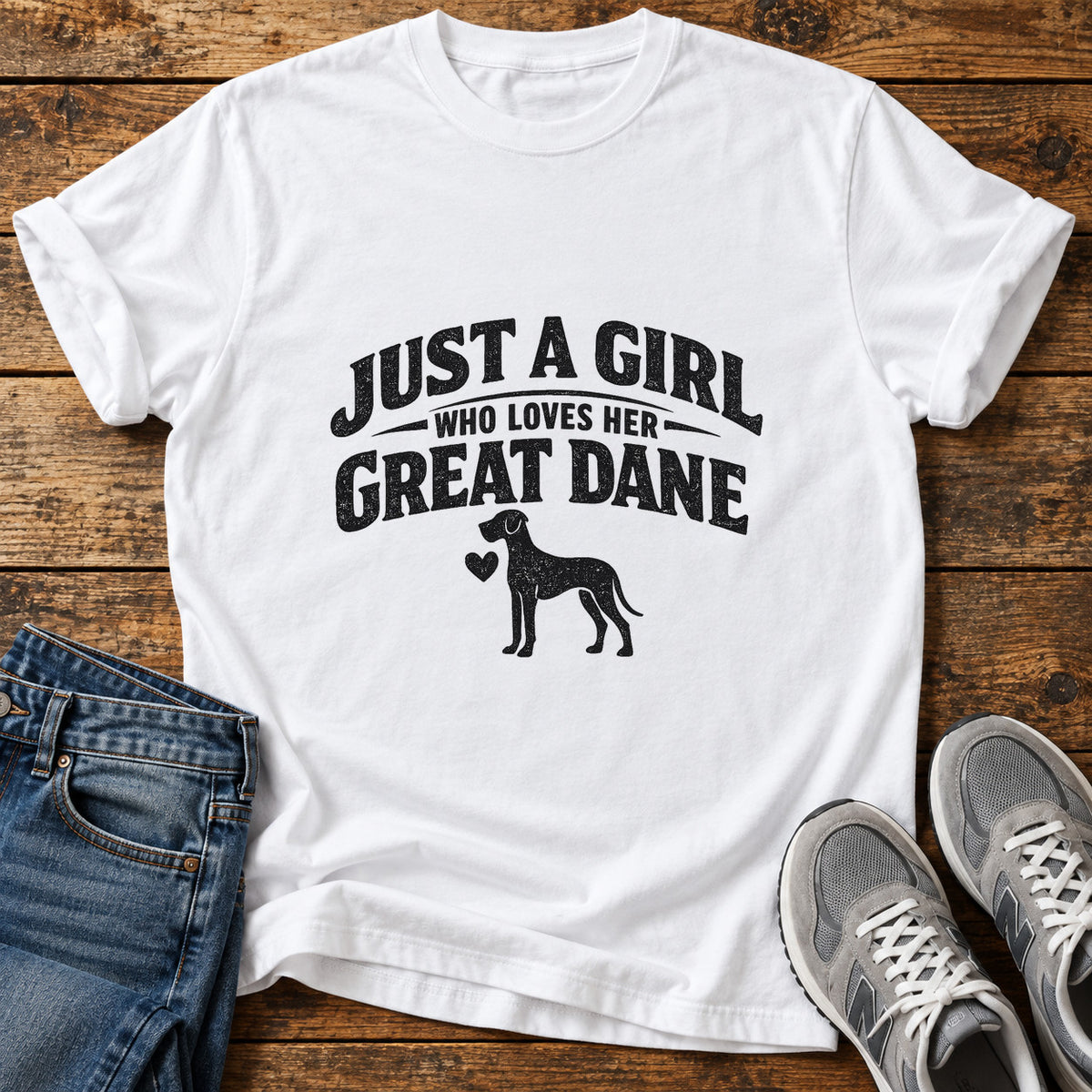 Girl Loves Great Great Dane graphic T-shirt in White, shown on a flat-lay shirt mockup