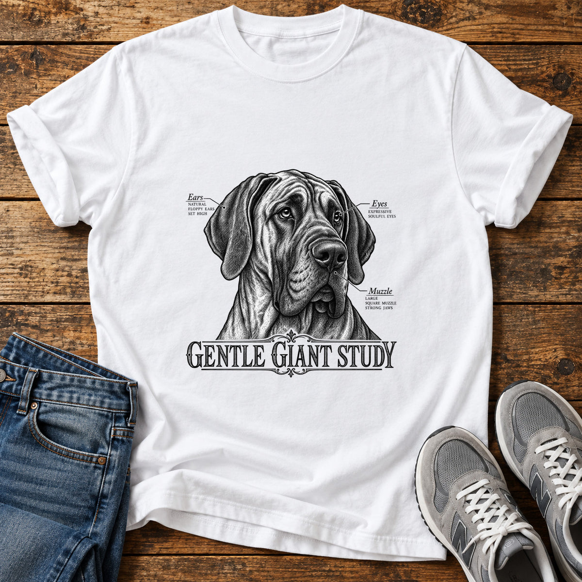 Gentle Giant Study Great Dane graphic T-shirt in White, shown on a flat-lay shirt mockup