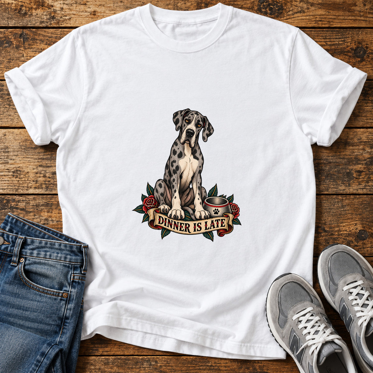 Dinner Is Late Great Dane graphic T-shirt in White, shown on a flat-lay shirt mockup