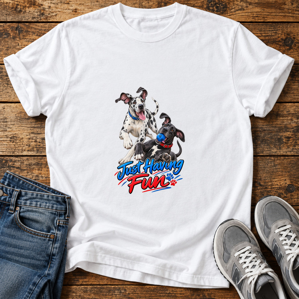 Just Having Fun Great Dane graphic T-shirt in White, shown on a flat-lay shirt mockup
