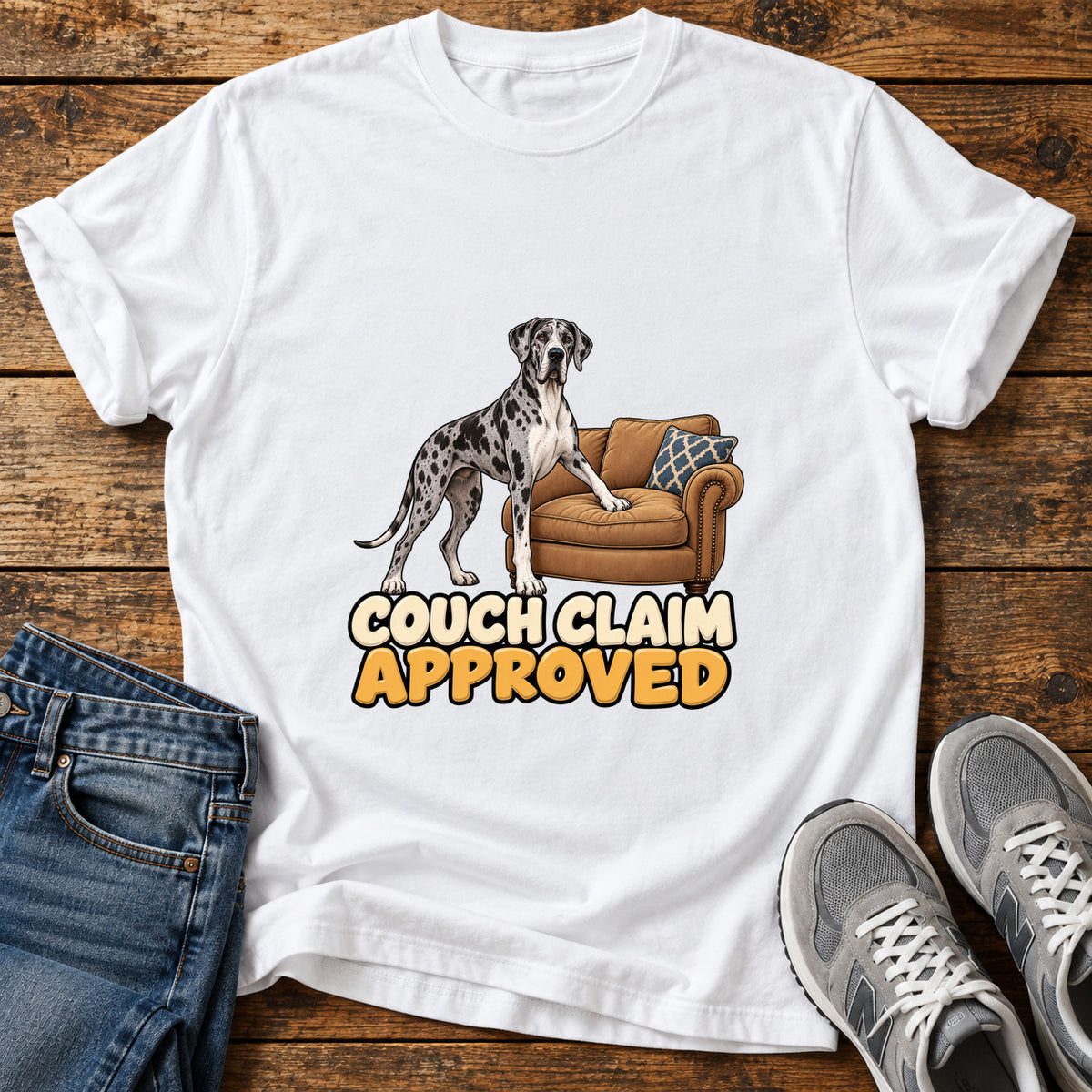 Couch Claim Approved Great Dane graphic T-shirt in White, shown on a flat-lay shirt mockup