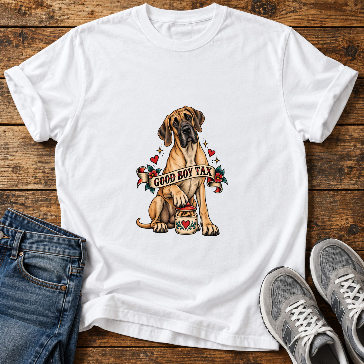 Good Boy Tax Great Dane graphic T-shirt in White, shown on a flat-lay shirt mockup