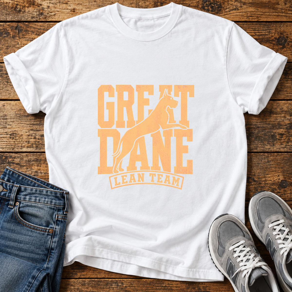 Great Dane Team graphic T-shirt in White, shown on a flat-lay shirt mockup