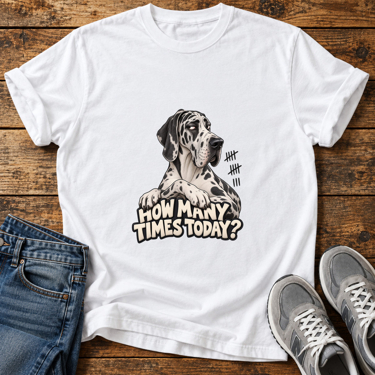 How Many Times Great Dane graphic T-shirt in White, shown on a flat-lay shirt mockup