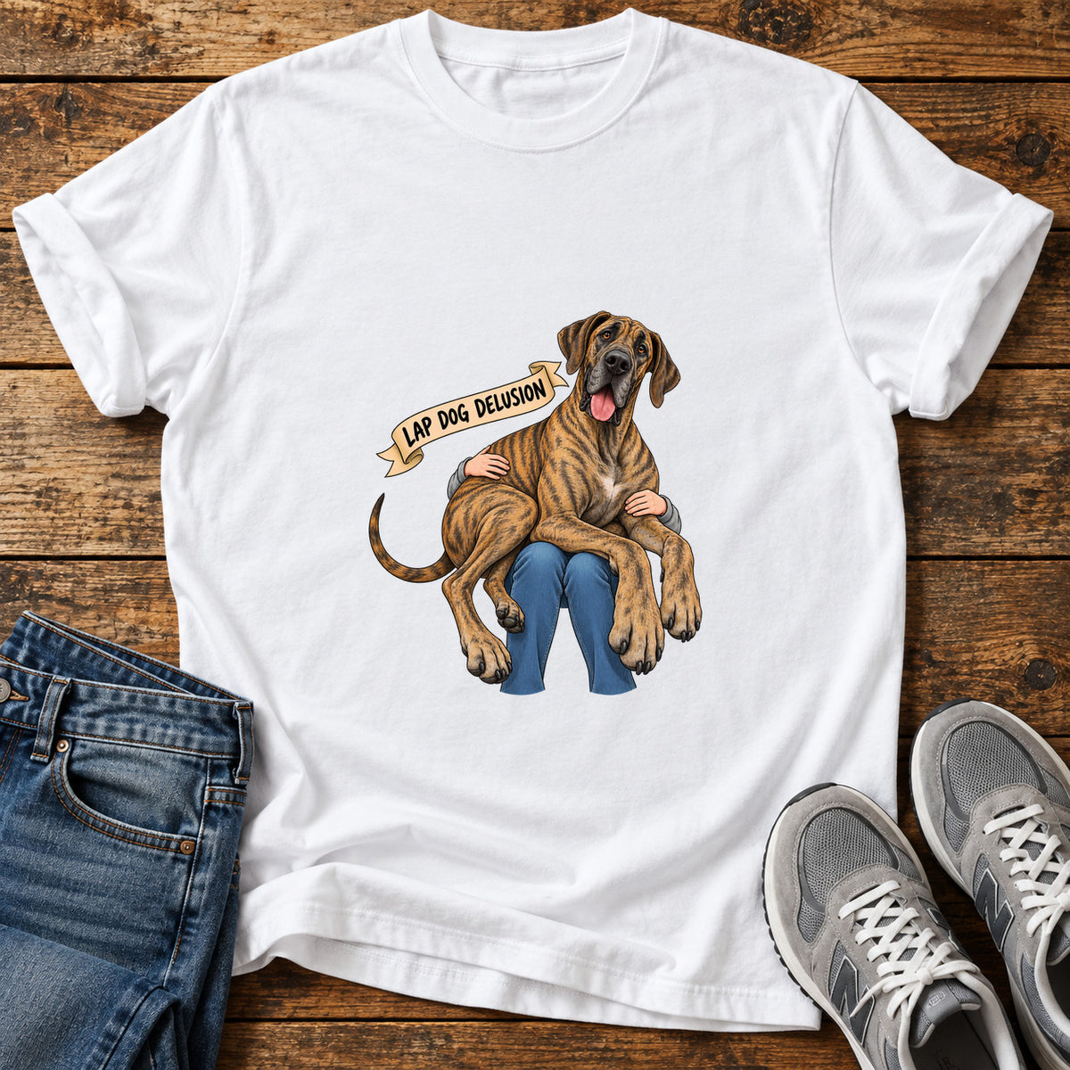 Lap Dog Delusion Great Dane graphic T-shirt in White, shown on a flat-lay shirt mockup