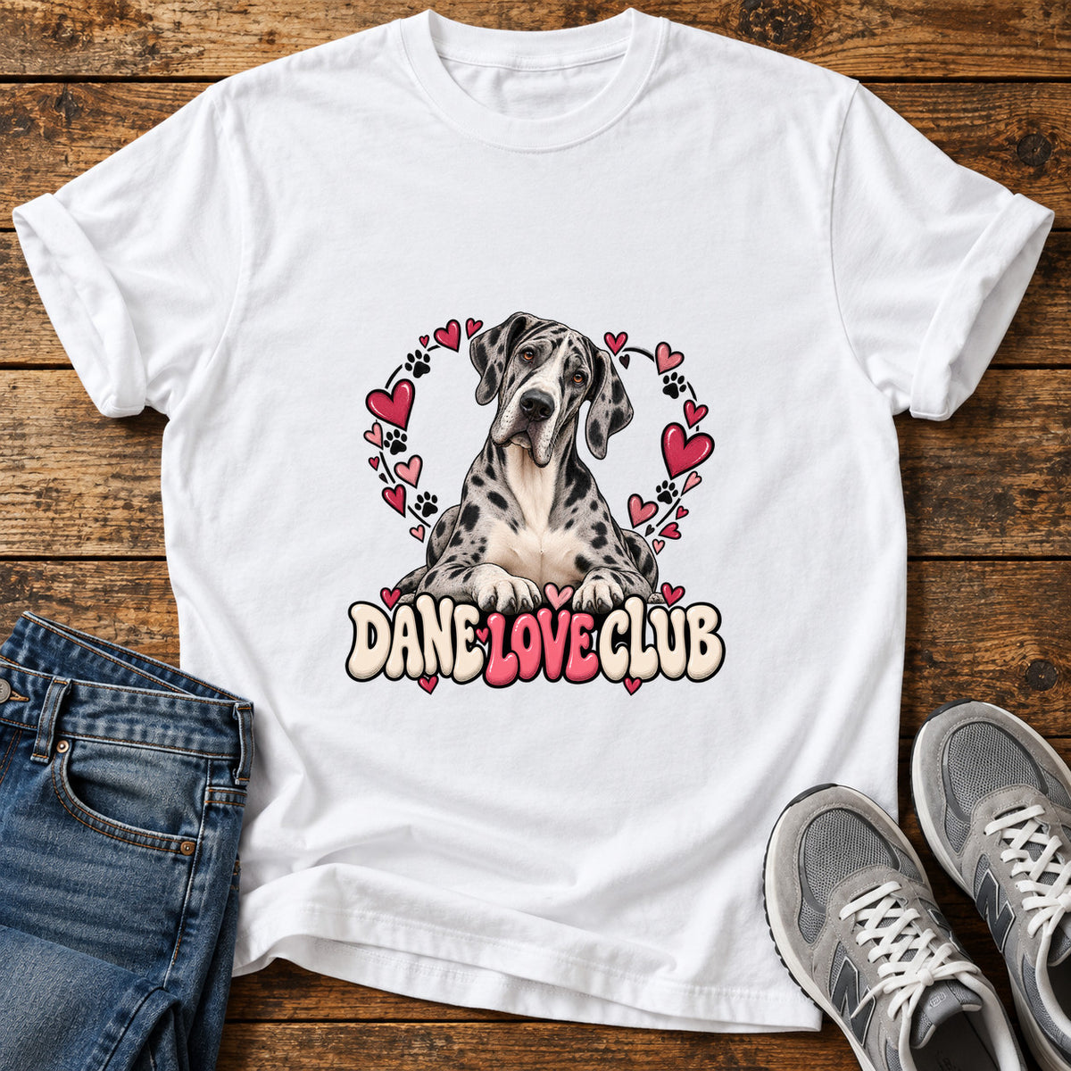Dane Love Club Great Dane graphic T-shirt in White, shown on a flat-lay shirt mockup