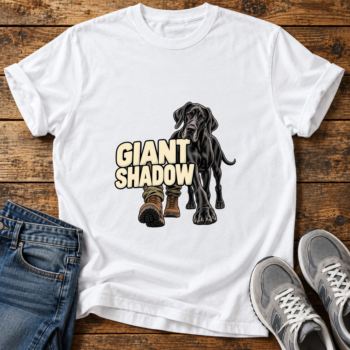 Giant Shadow Great Dane graphic T-shirt in White, shown on a flat-lay shirt mockup