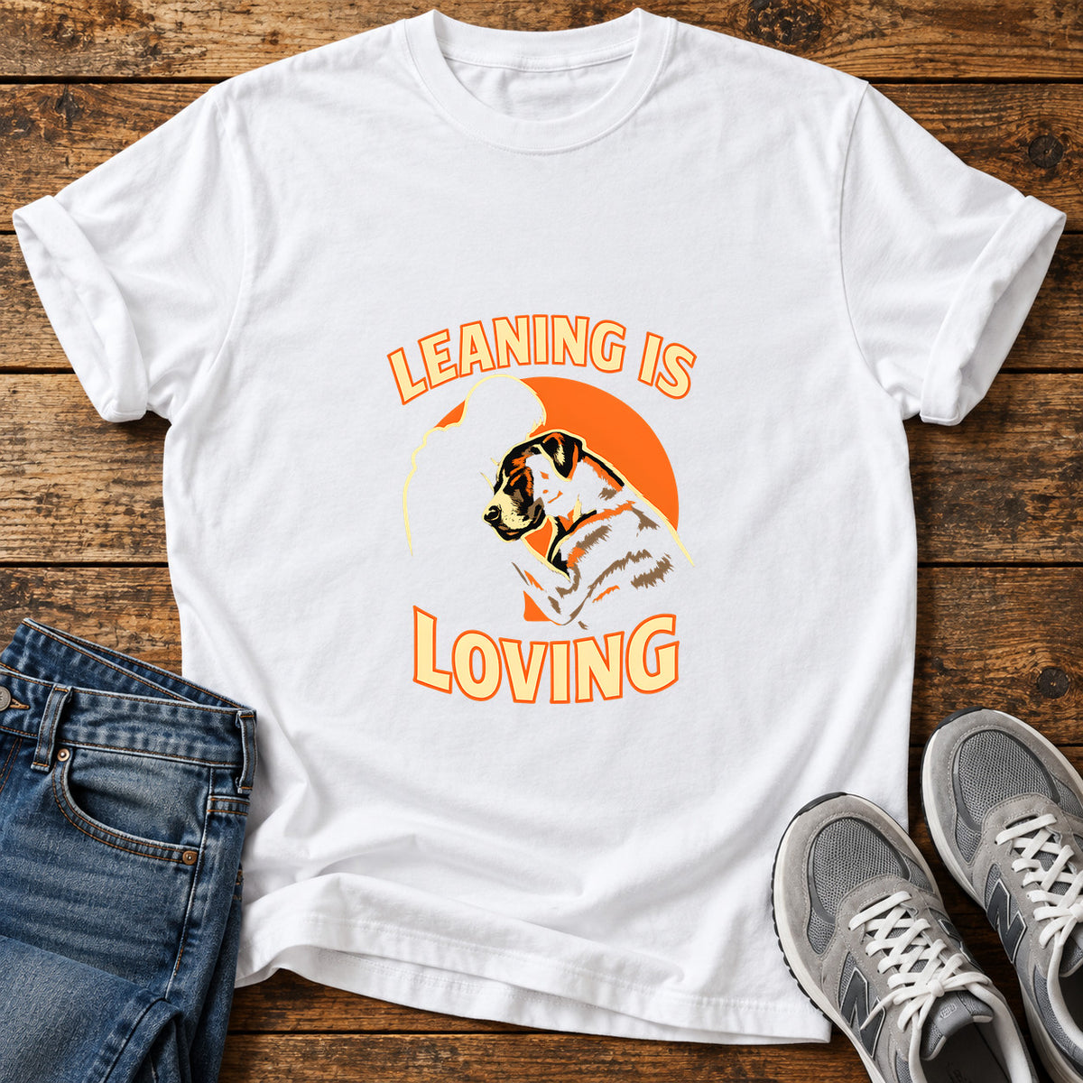 Leaning Is Loving Great Dane graphic T-shirt in White, shown on a flat-lay shirt mockup