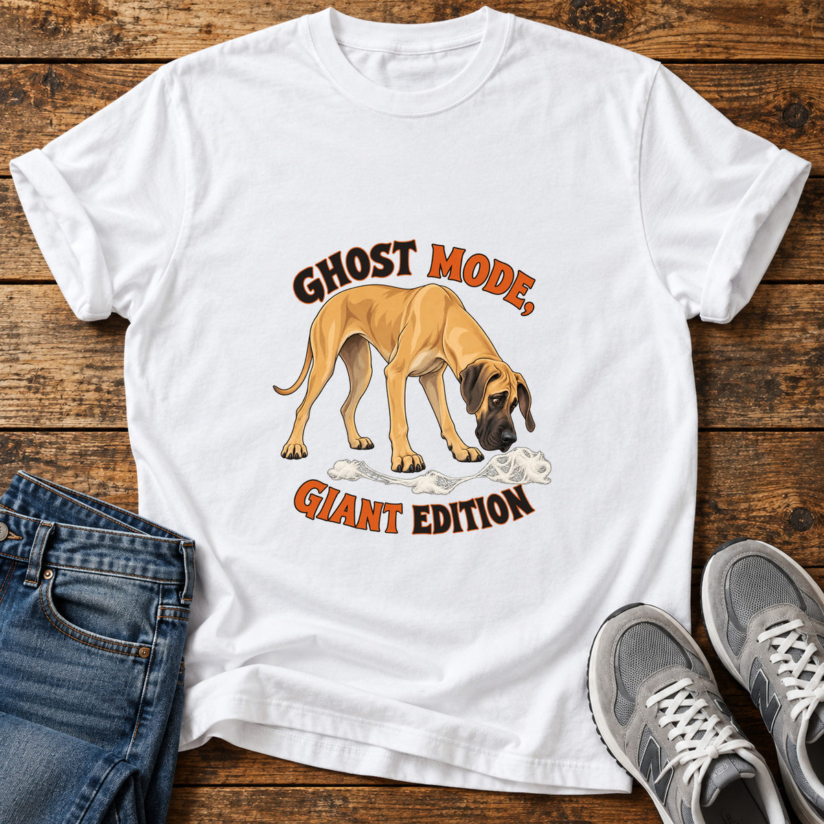 Ghost Mode Giant Great Dane graphic T-shirt in White, shown on a flat-lay shirt mockup