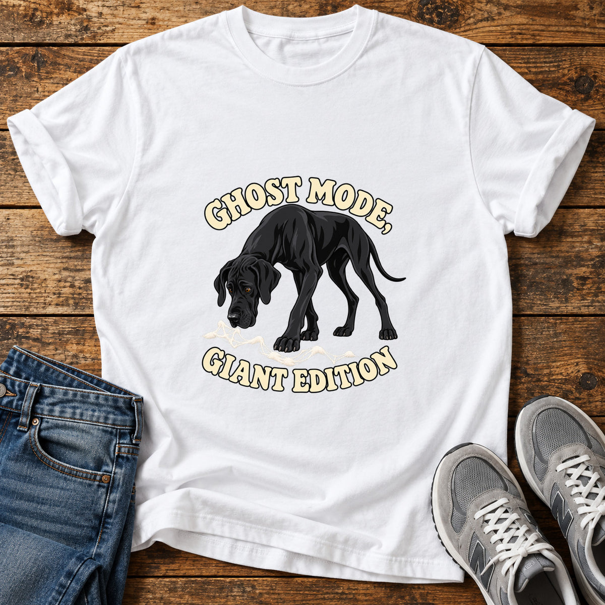 Ghost Mode Giant Great Dane graphic T-shirt in White, shown on a flat-lay shirt mockup