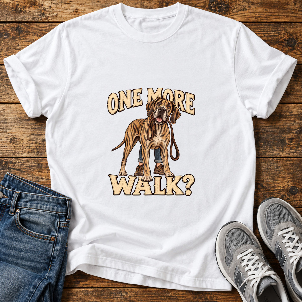 One More Walk Great Dane graphic T-shirt in White, shown on a flat-lay shirt mockup