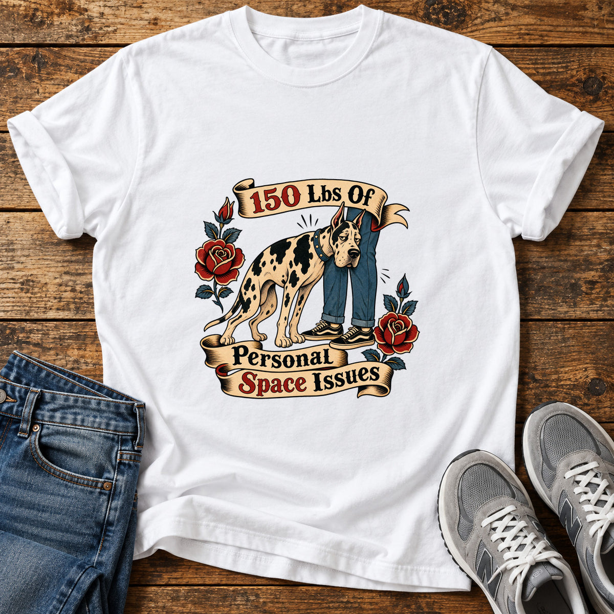 Personal Space Issues Great Dane graphic T-shirt in White, shown on a flat-lay shirt mockup