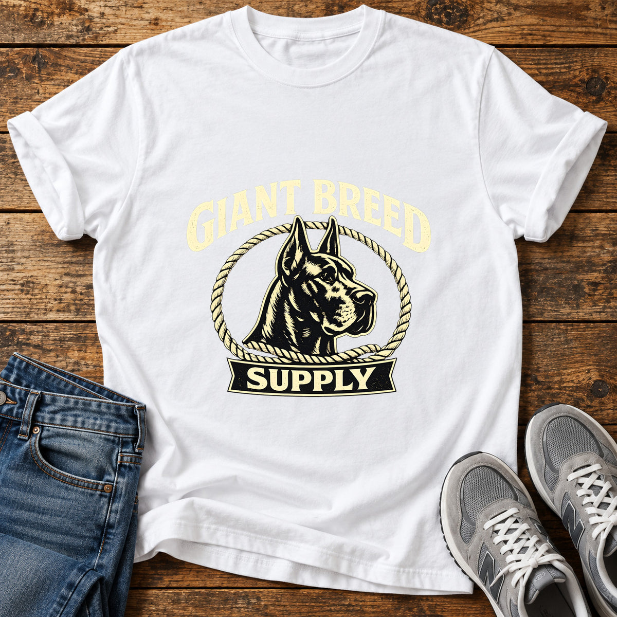 Giant Breed Supply Great Dane graphic T-shirt in White, shown on a flat-lay shirt mockup