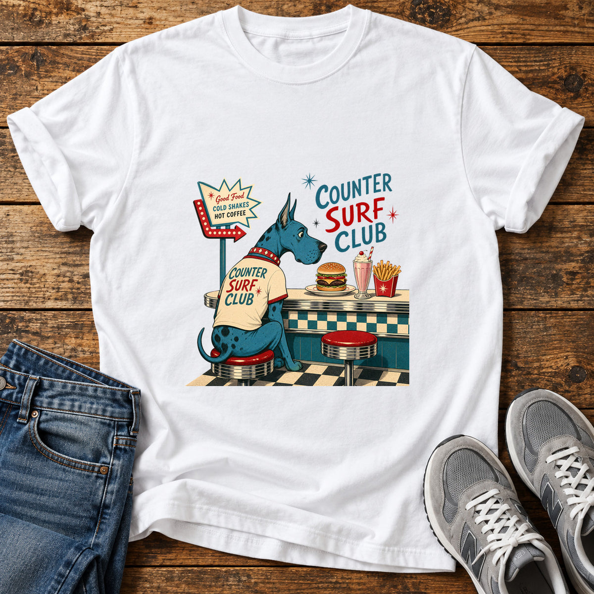 Counter Surf Club Great Dane graphic T-shirt in White, shown on a flat-lay shirt mockup