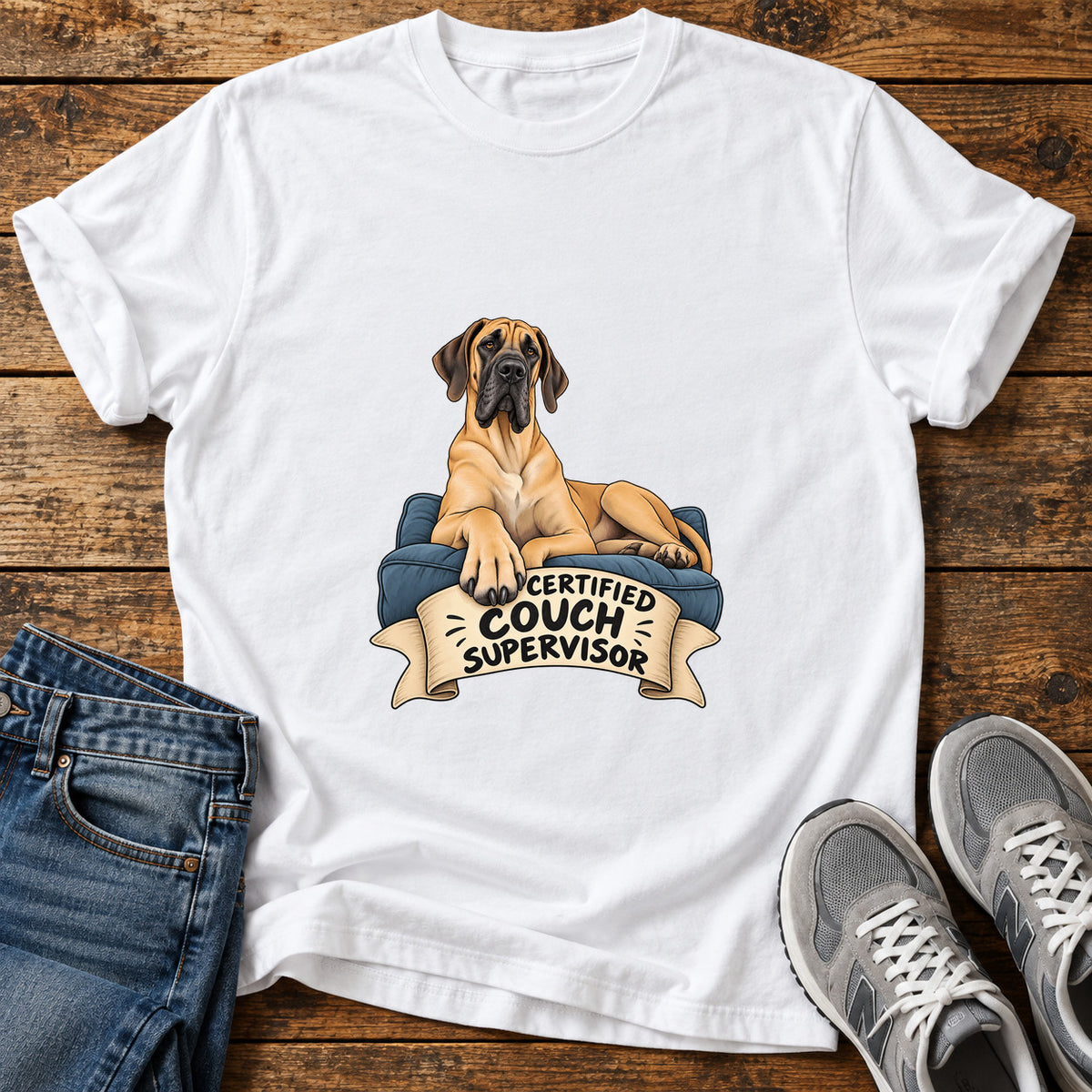 Certified Couch Supervisor Great Dane graphic T-shirt in White, shown on a flat-lay shirt mockup