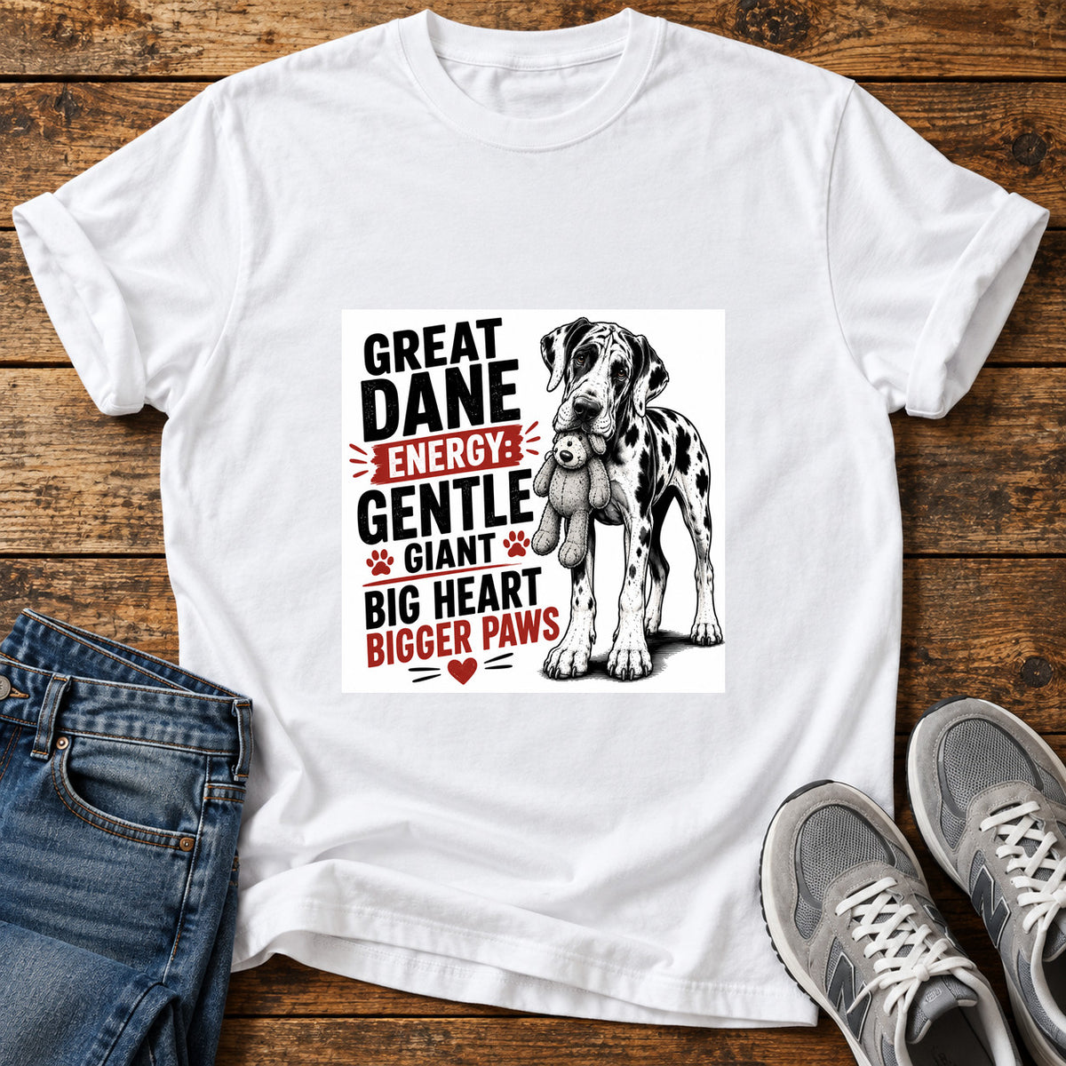 Great Dane Energy graphic T-shirt in White, shown on a flat-lay shirt mockup