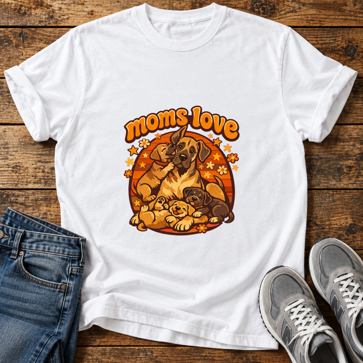 Moms Love Great Dane graphic T-shirt in White, shown on a flat-lay shirt mockup