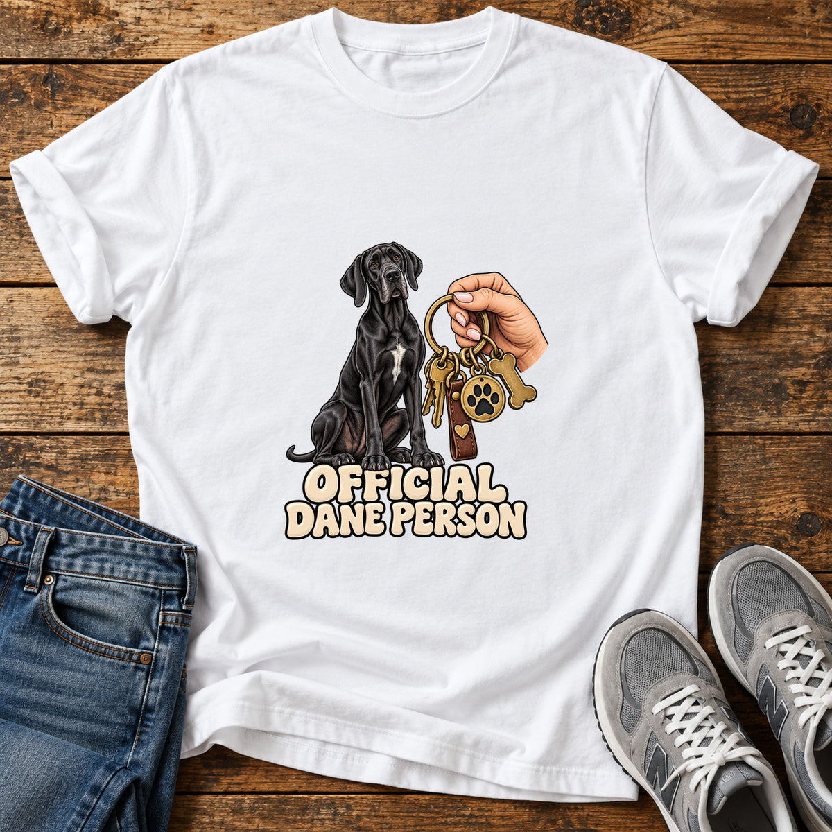 Official Dane Person Great Dane graphic T-shirt in White, shown on a flat-lay shirt mockup