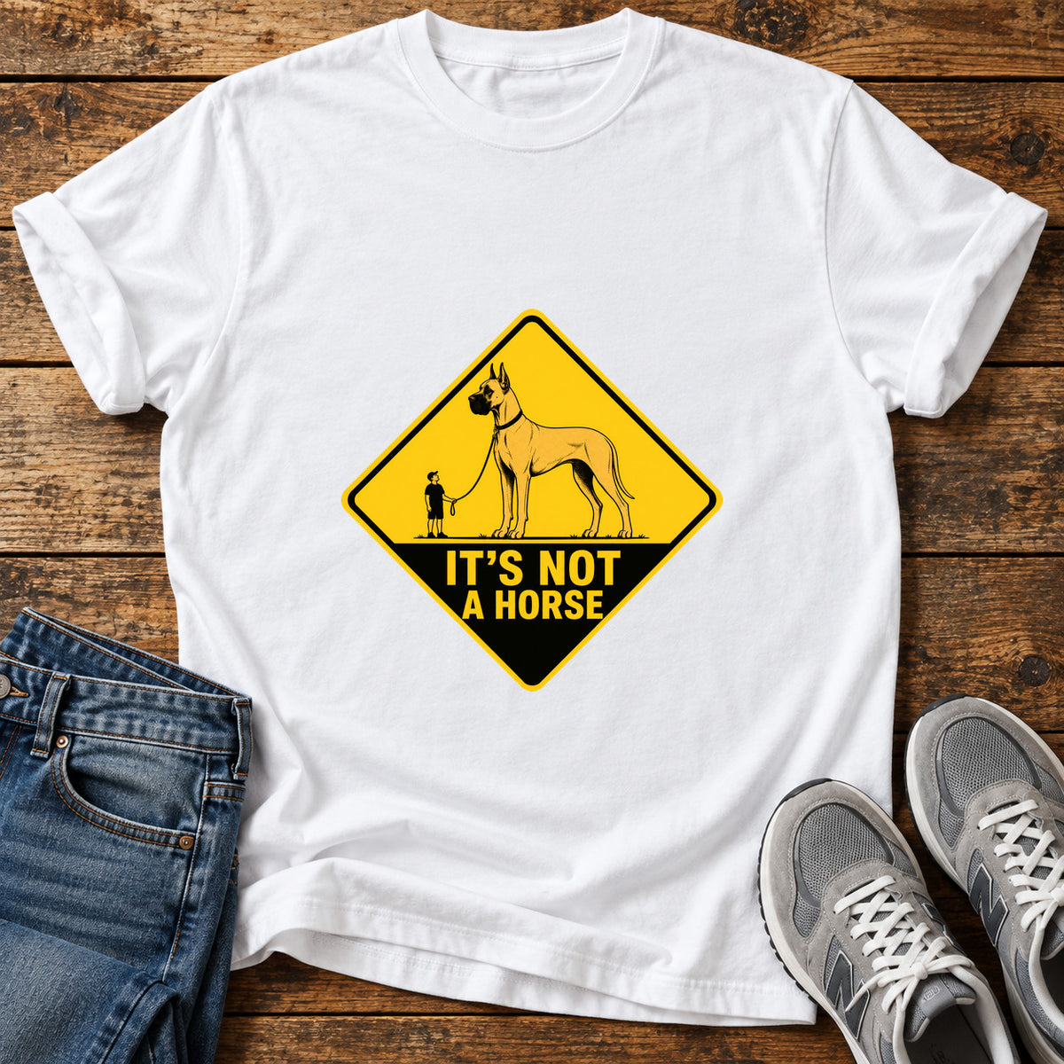 It's Not Horse Great Dane graphic T-shirt in White, shown on a flat-lay shirt mockup