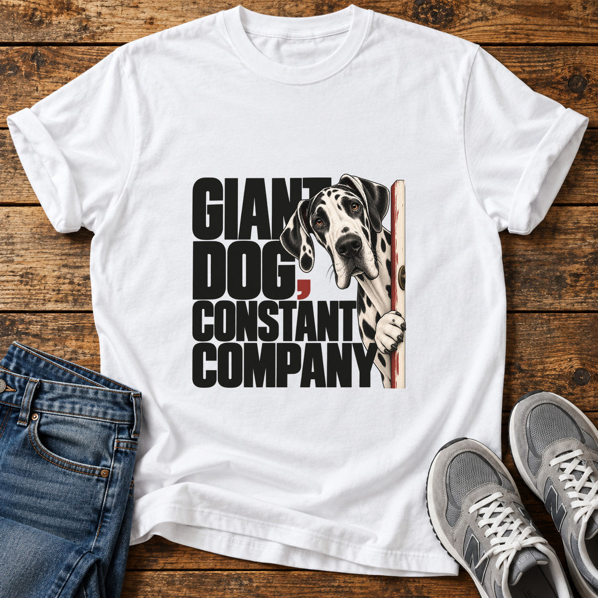 Giant Dog Company Great Dane graphic T-shirt in White, shown on a flat-lay shirt mockup