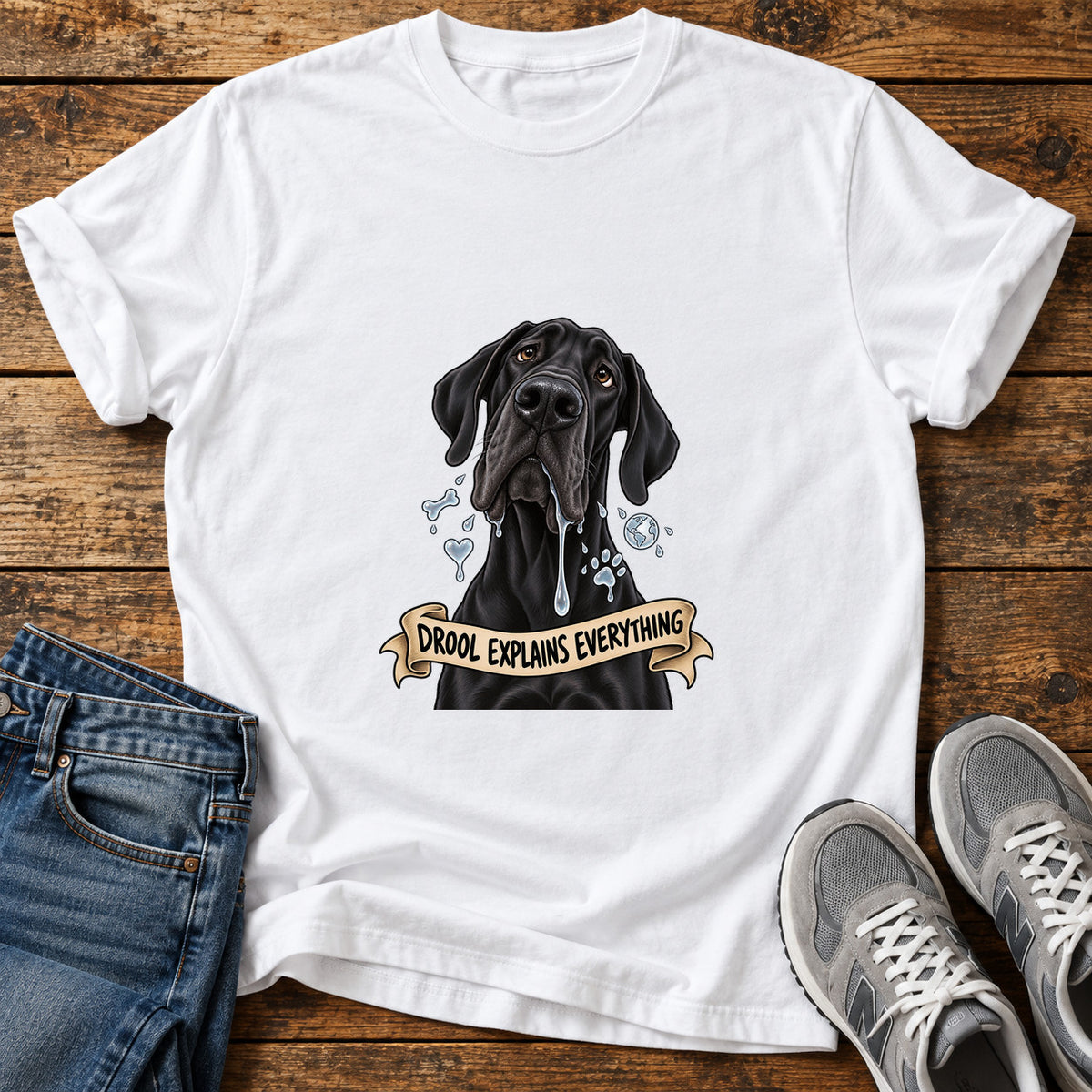 Drool Explains Everything Great Dane graphic T-shirt in White, shown on a flat-lay shirt mockup