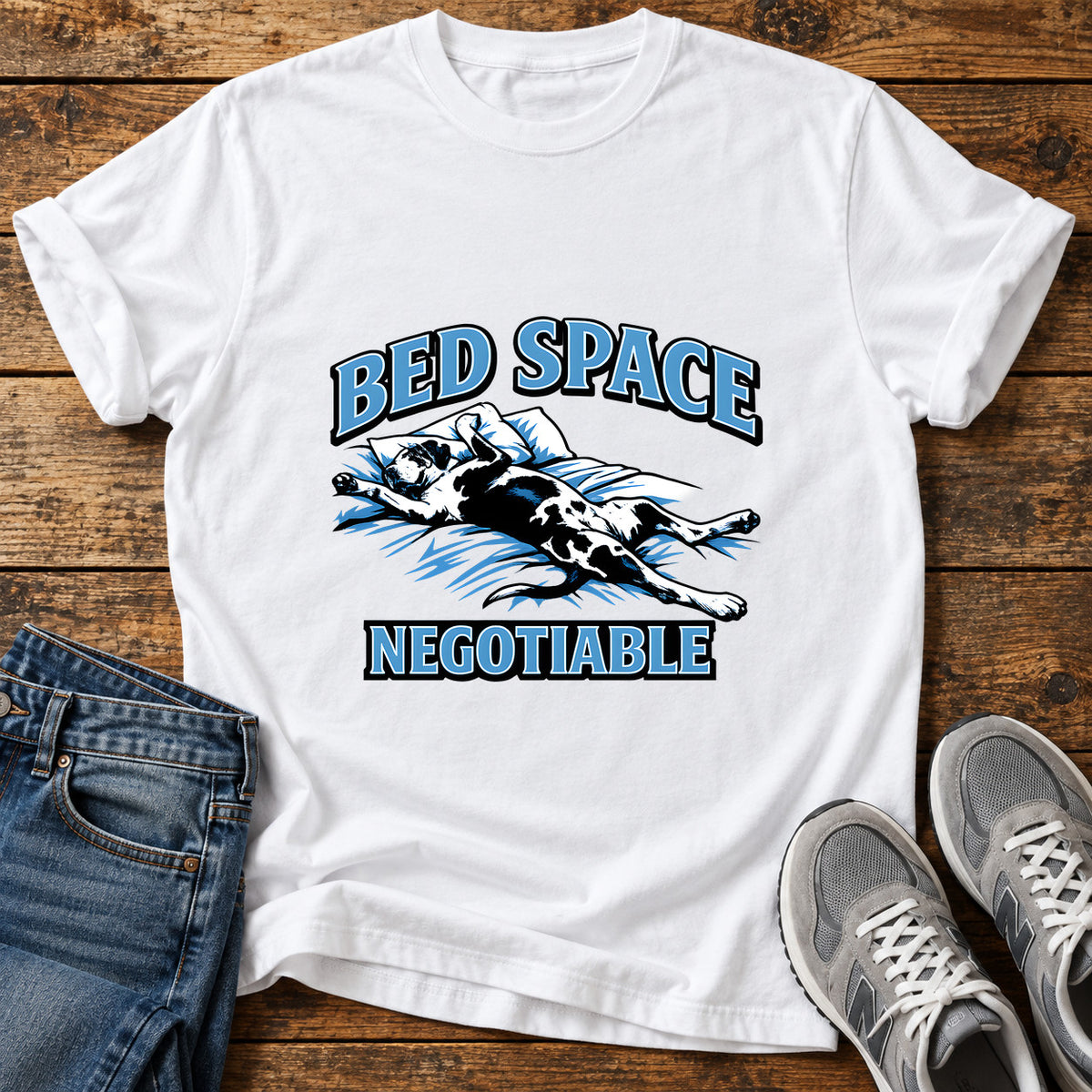 Bed Space Negotiable Great Dane graphic T-shirt in White, shown on a flat-lay shirt mockup