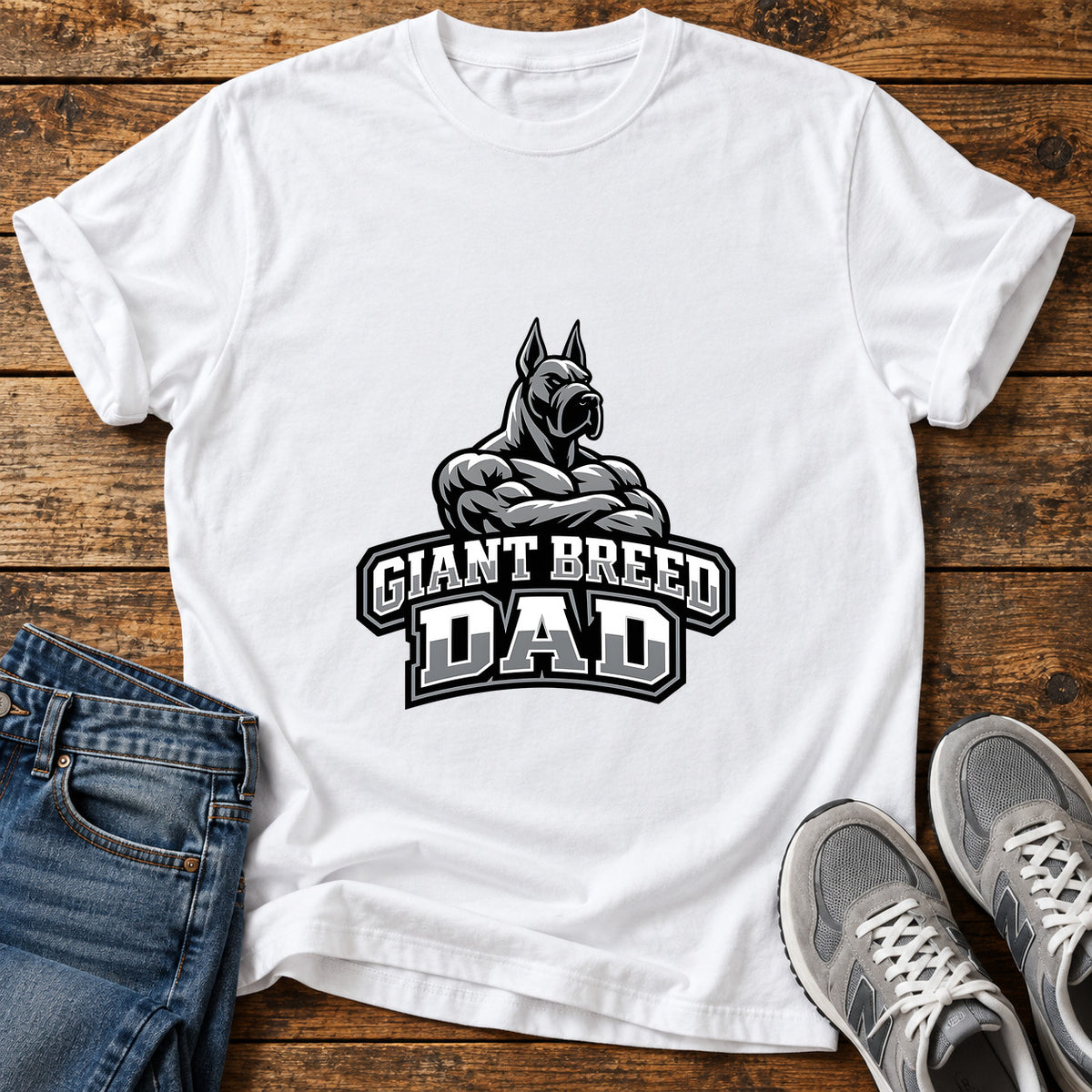 Giant Breed Dad Great Dane graphic T-shirt in White, shown on a flat-lay shirt mockup