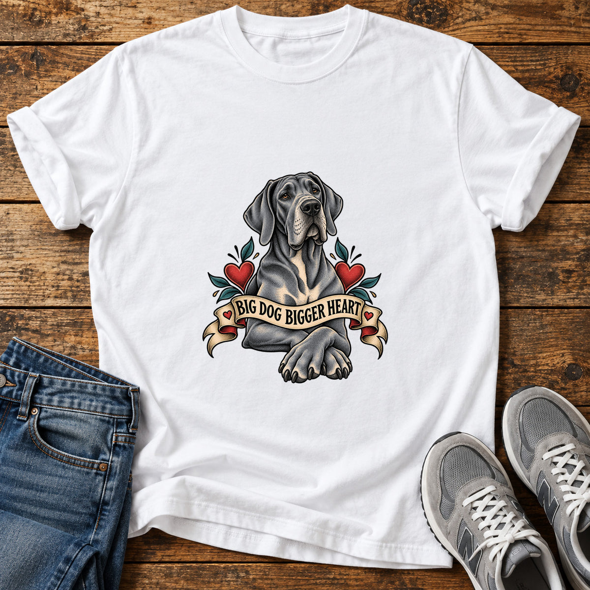 Big Dog Heart Great Dane graphic T-shirt in White, shown on a flat-lay shirt mockup
