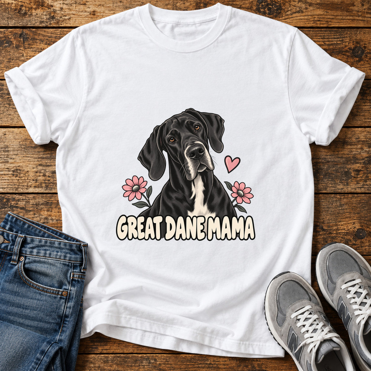 Great Dane Mama graphic T-shirt in White, shown on a flat-lay shirt mockup
