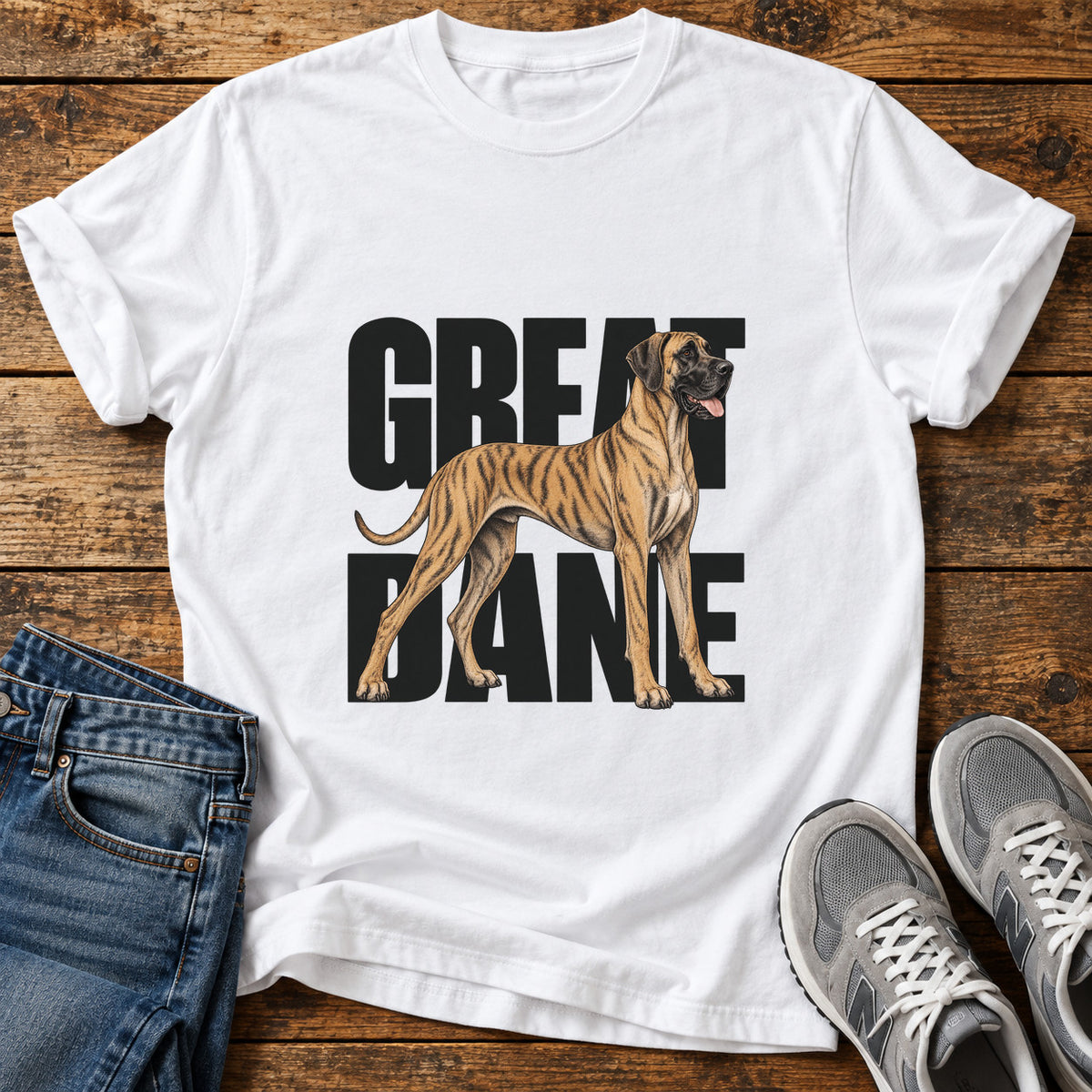 Great Dane graphic T-shirt in White, shown on a flat-lay shirt mockup