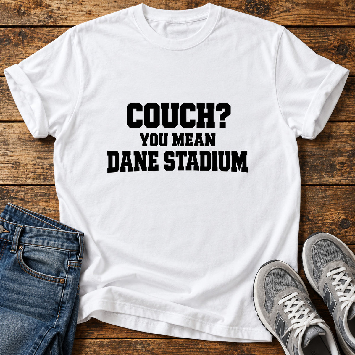 Couch Stadium Great Dane graphic T-shirt in White, shown on a flat-lay shirt mockup