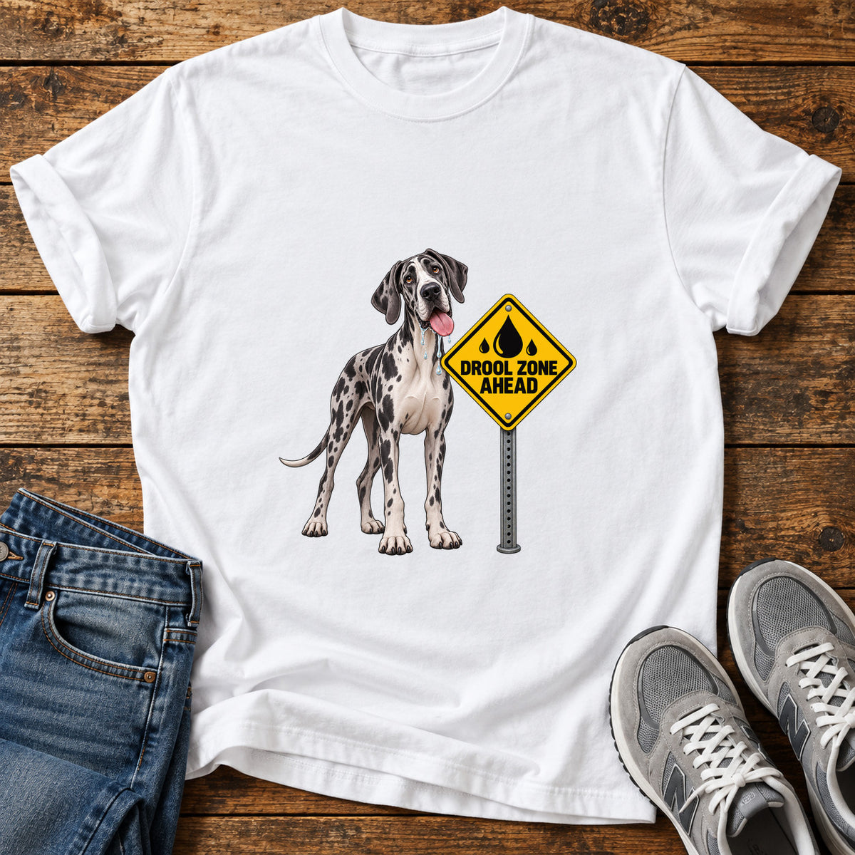 Drool Zone Ahead Great Dane graphic T-shirt in White, shown on a flat-lay shirt mockup