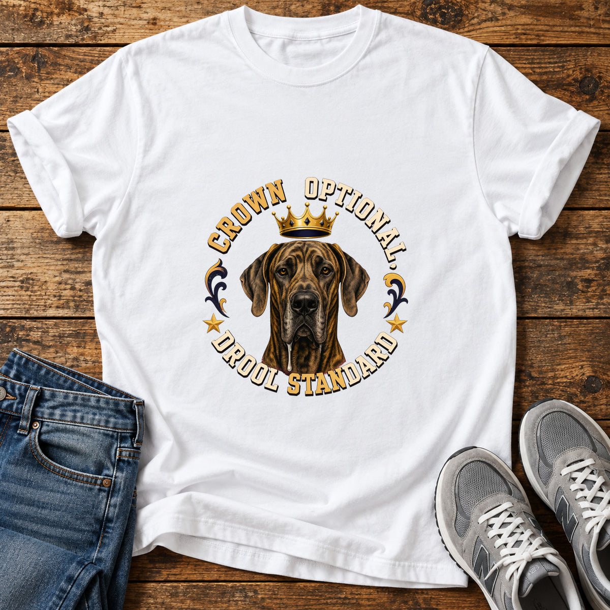 Crown Drool Standard Great Dane graphic T-shirt in White, shown on a flat-lay shirt mockup