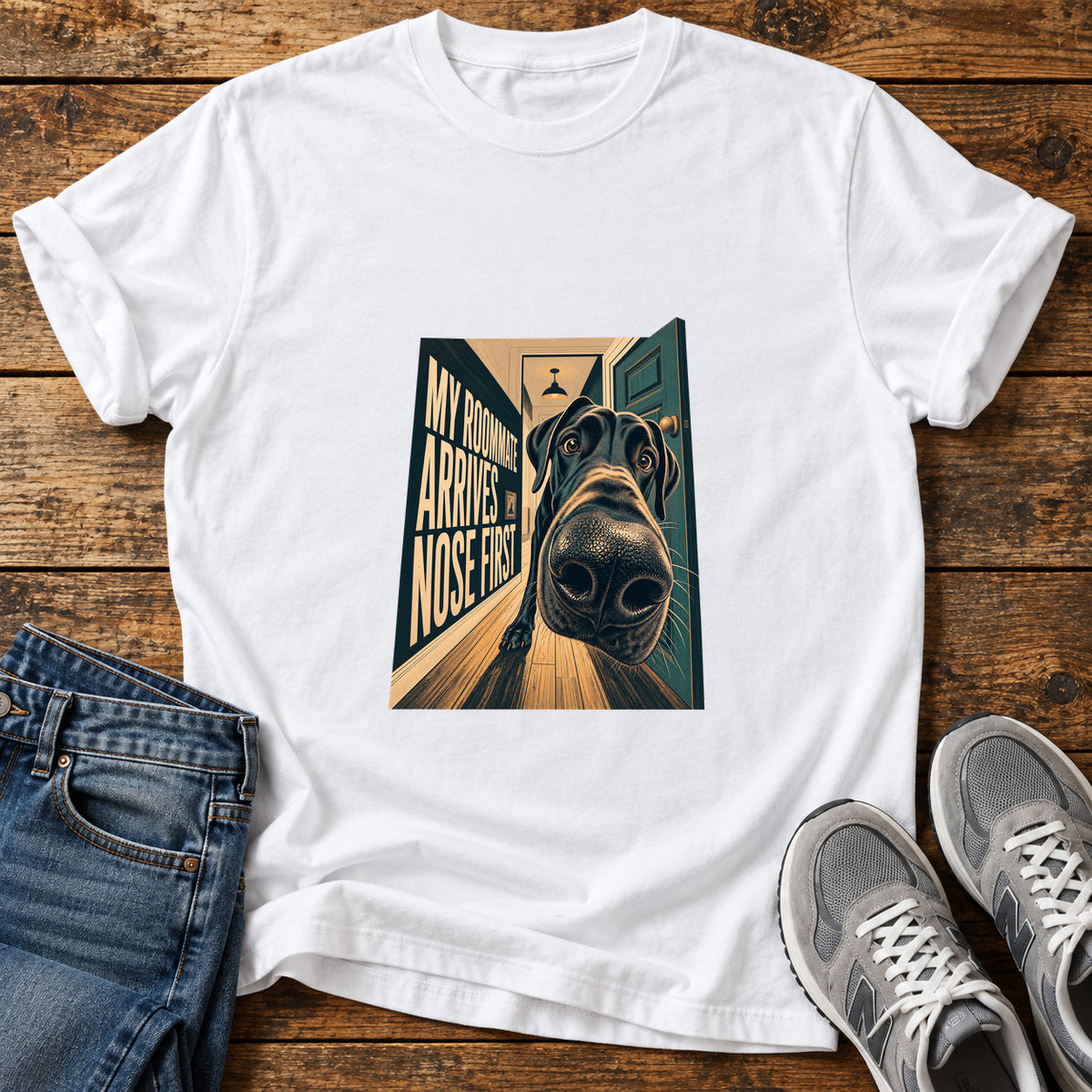 Nose First Roommate Great Dane graphic T-shirt in White, shown on a flat-lay shirt mockup