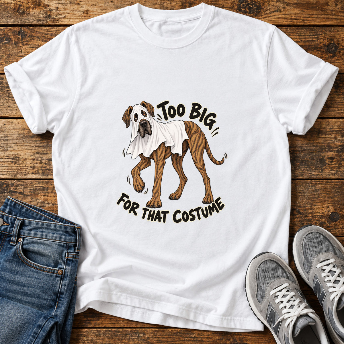 Too Big Costume Great Dane graphic T-shirt in White, shown on a flat-lay shirt mockup