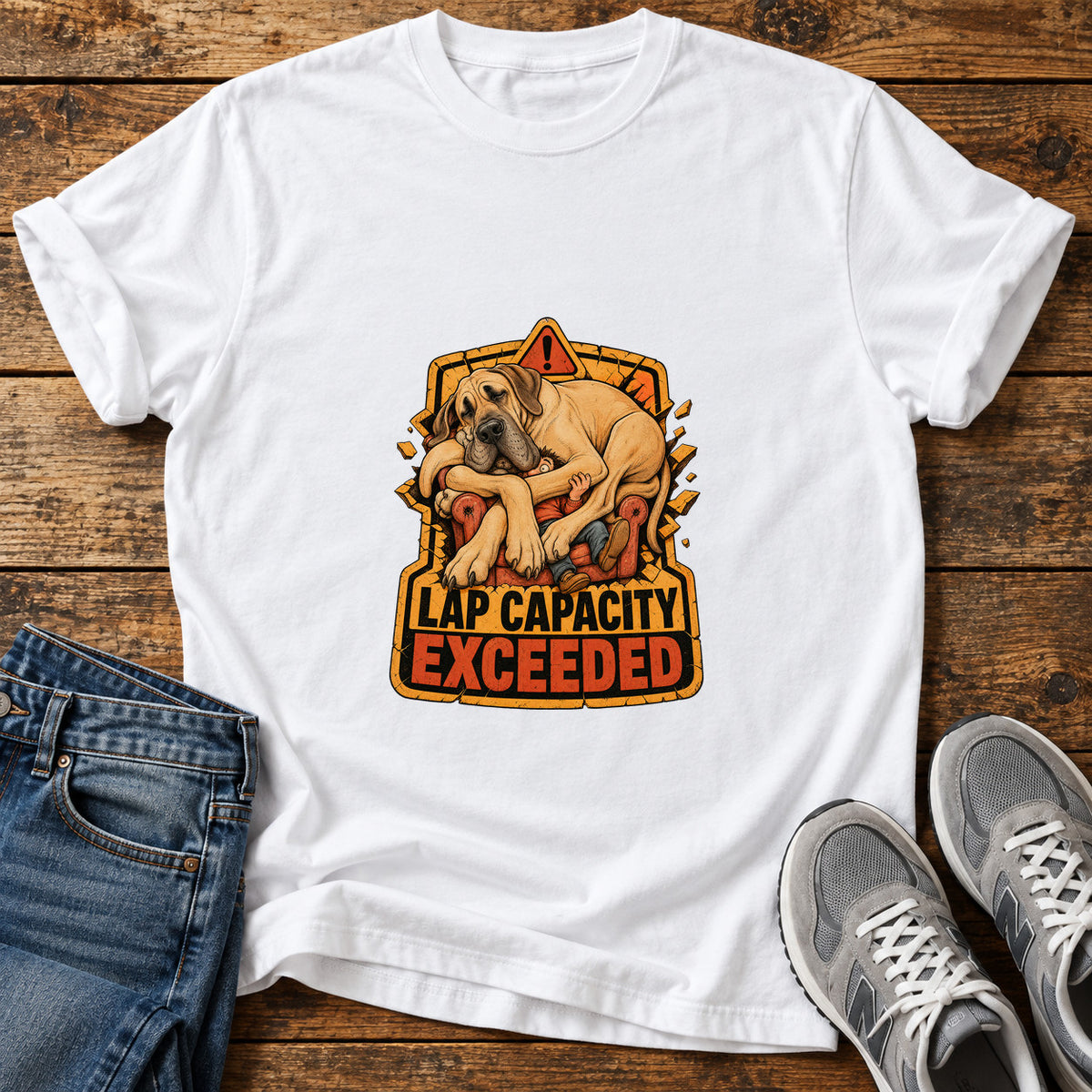 Lap Capacity Exceeded Great Dane graphic T-shirt in White, shown on a flat-lay shirt mockup