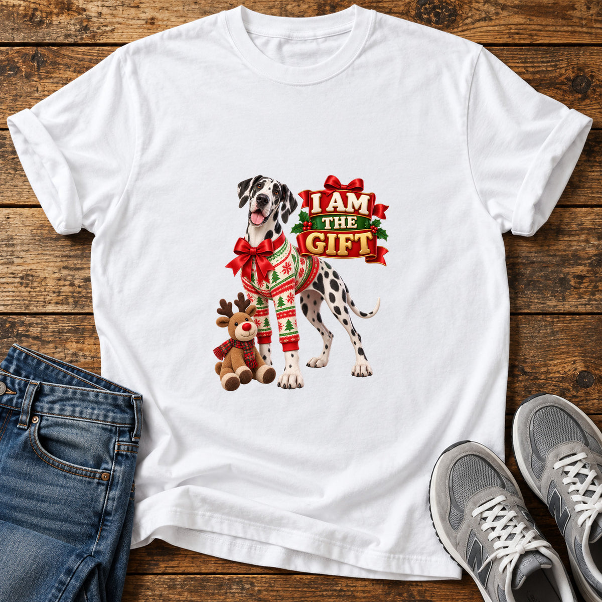 I Am Gift Great Dane graphic T-shirt in White, shown on a flat-lay shirt mockup