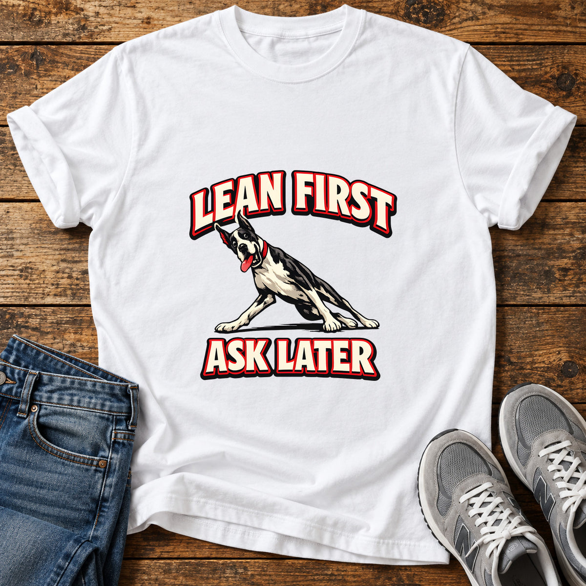 Lean First Great Dane graphic T-shirt in White, shown on a flat-lay shirt mockup