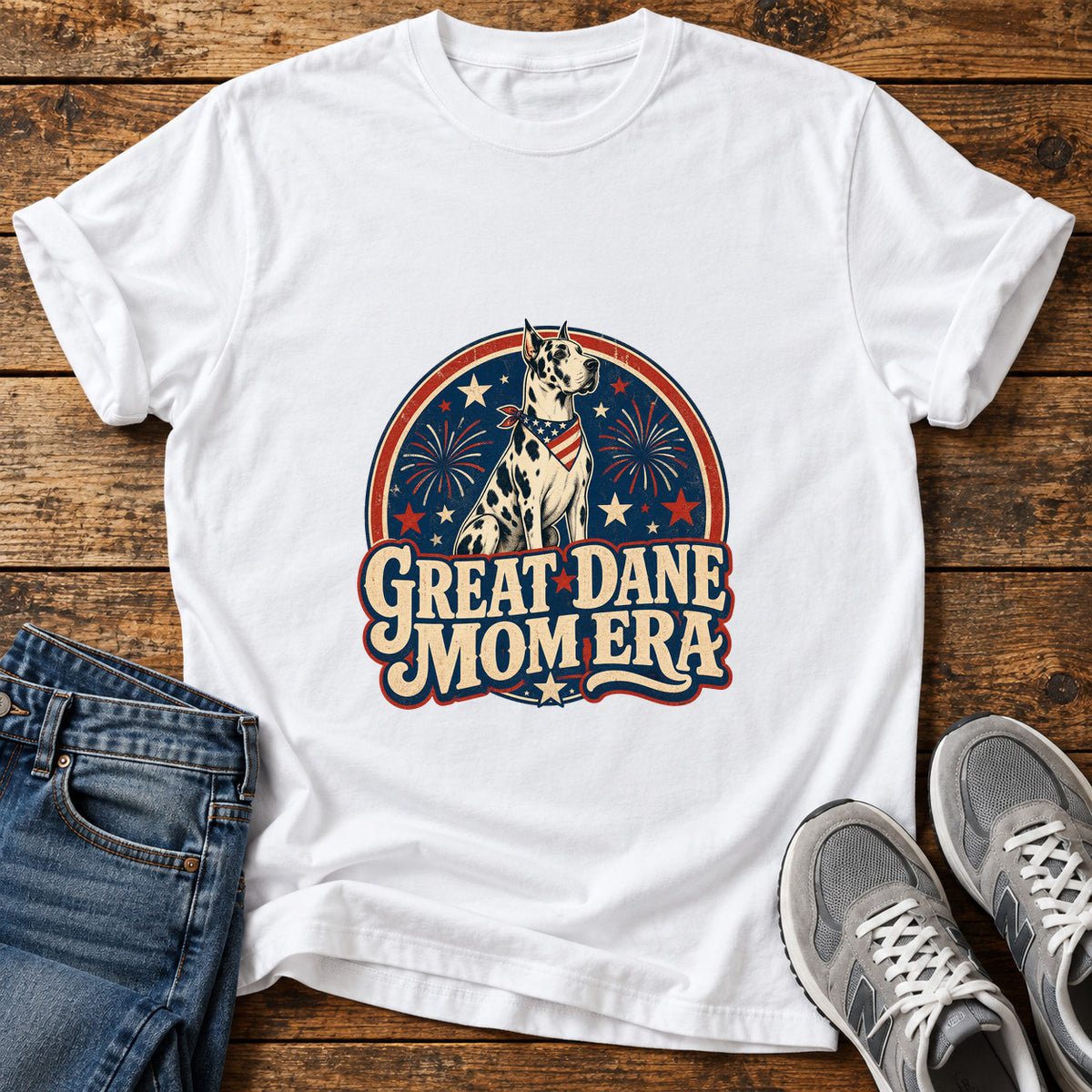 Great Dane Mom graphic T-shirt in White, shown on a flat-lay shirt mockup