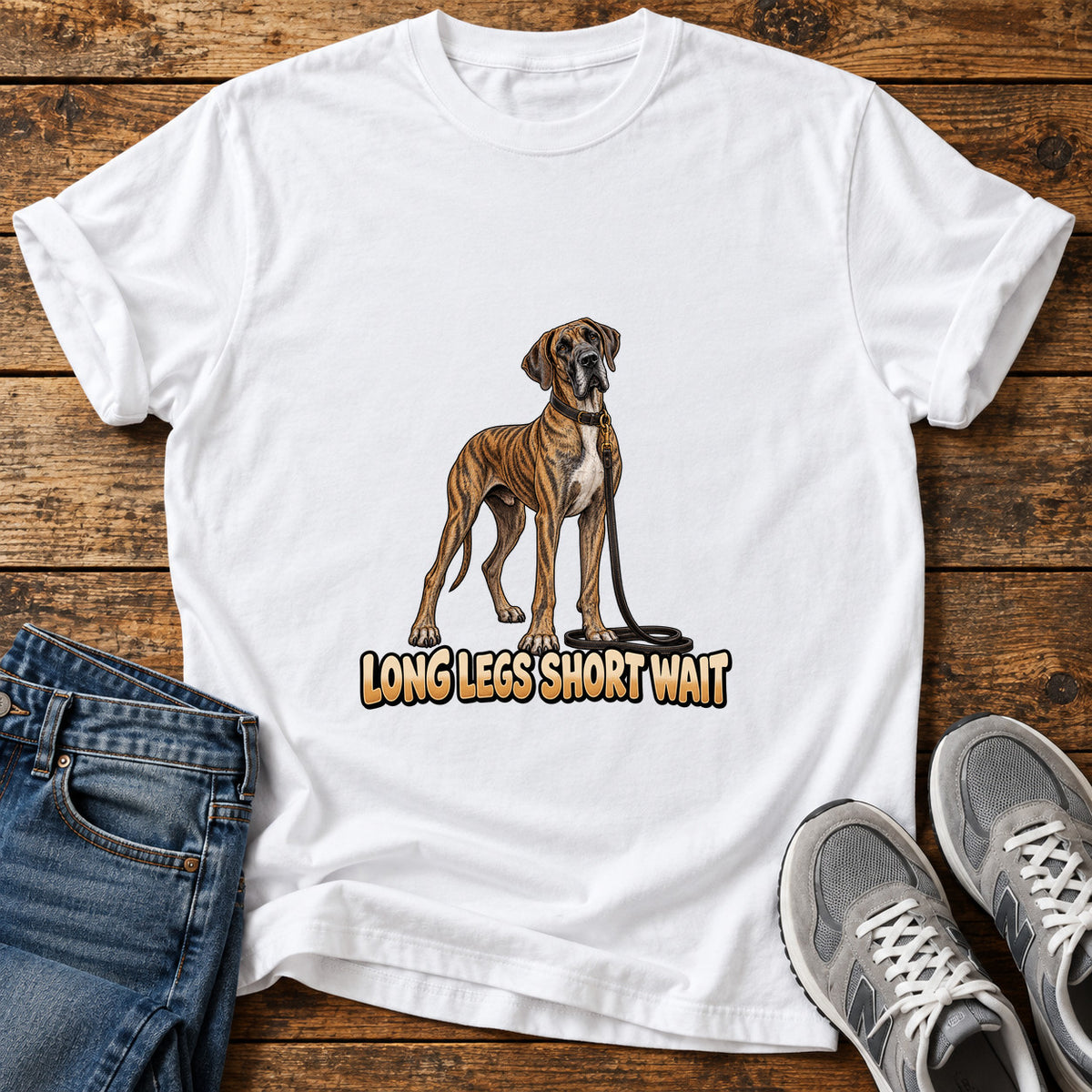 Long Legs Great Dane graphic T-shirt in White, shown on a flat-lay shirt mockup