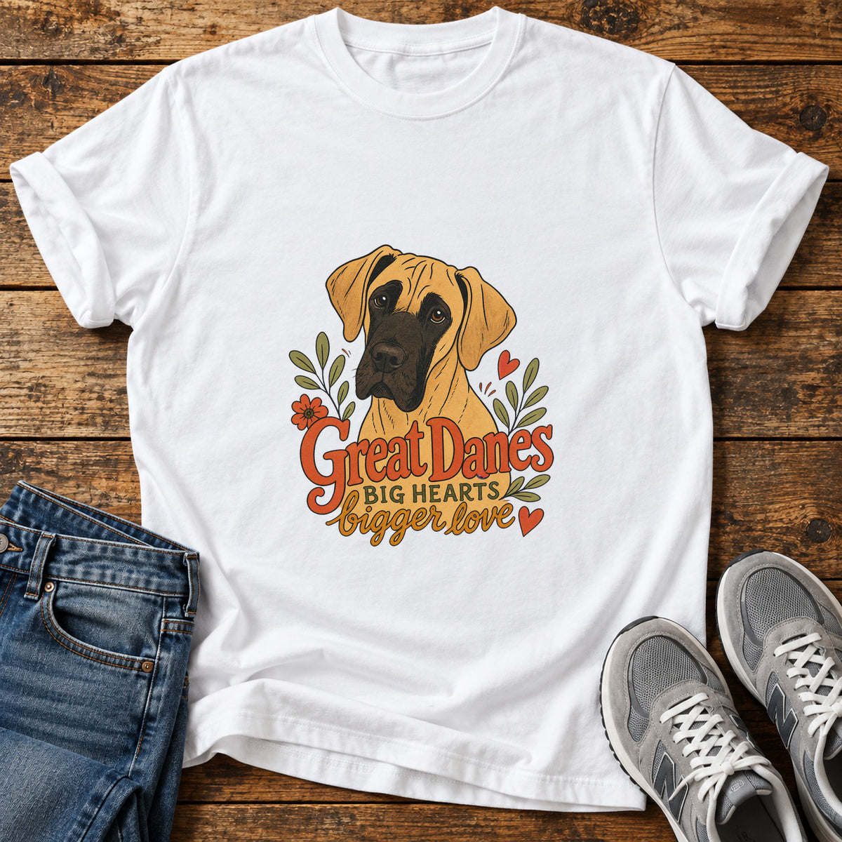 Great Danes Love graphic T-shirt in White, shown on a flat-lay shirt mockup