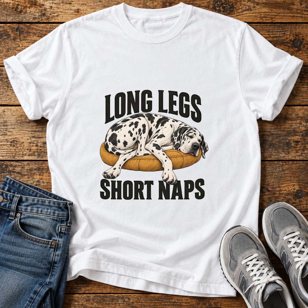 Long Legs Naps Great Dane graphic T-shirt in White, shown on a flat-lay shirt mockup