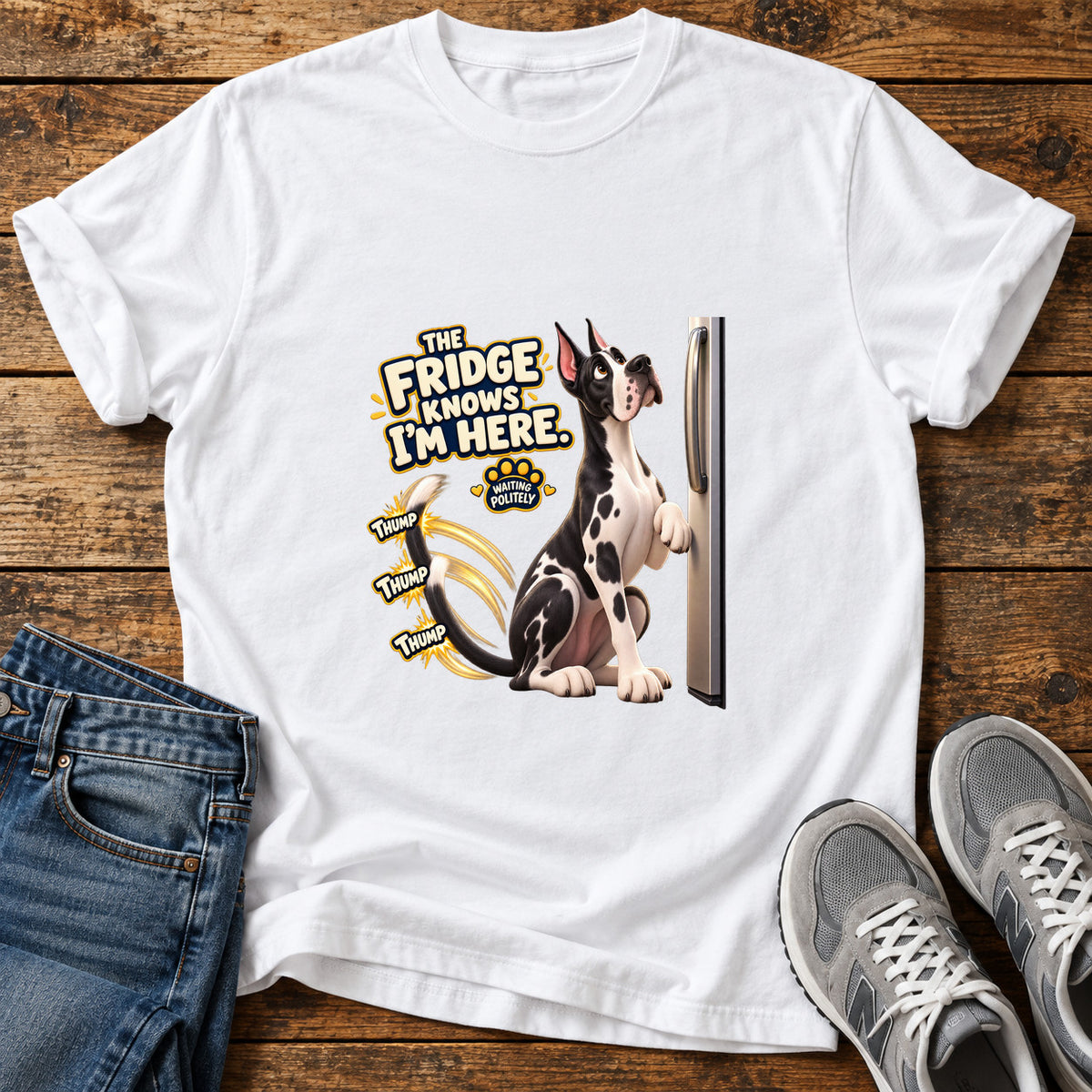 Fridge Knows Great Dane graphic T-shirt in White, shown on a flat-lay shirt mockup